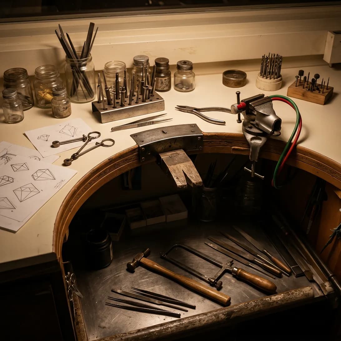 A Grech jeweller at the workshop bench with tools and design sketches