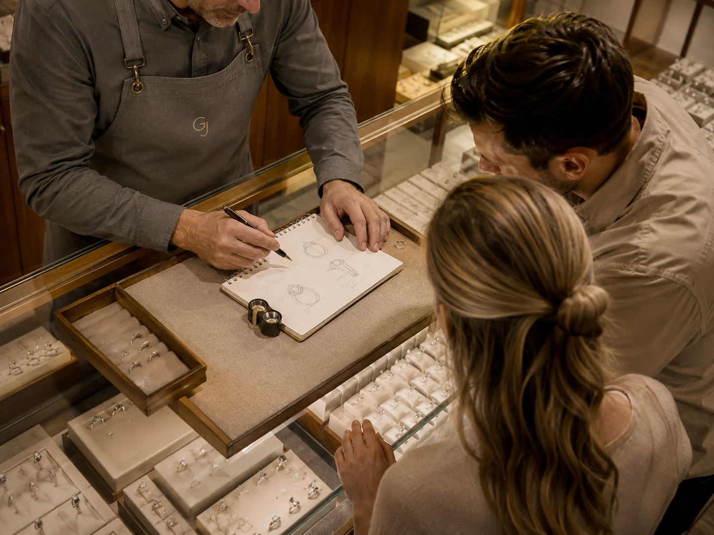 Discussing jewellery designs with the jeweller